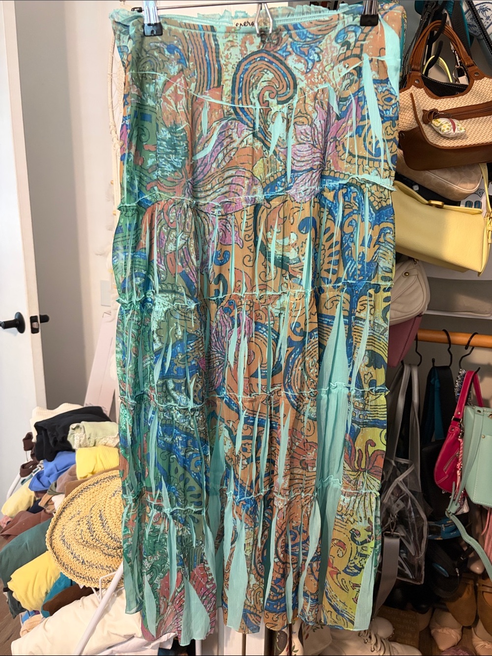 Y2K Boho Maxi Skirt w/ tiers and beautiful Aqua floral patterns